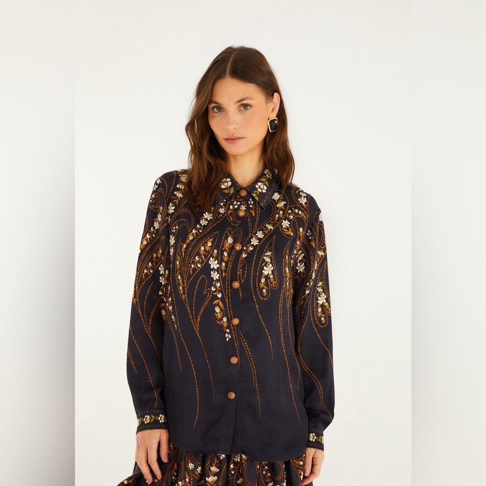 Farm Rio: Black Garden Printed Buttons Viscose Shirt - Picture 15 of 16